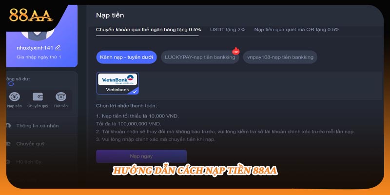 Hướng dẫn cách nạp tiền 88aa